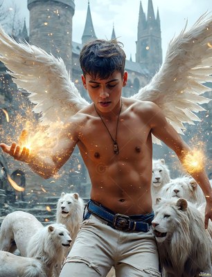 Holding bright sparks of fire, a winged young man kneels among white lions at a castle