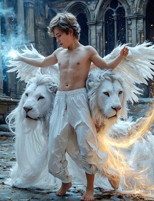 A young man in white pants stands between two winged white lions