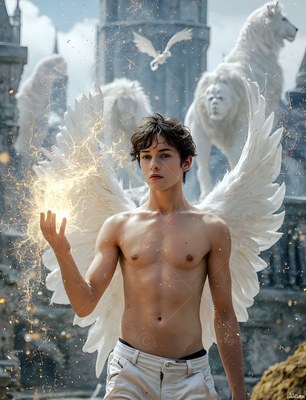 White feathered wings frame a shirtless man by the walls of a castle courtyard, holding sparks near white lions