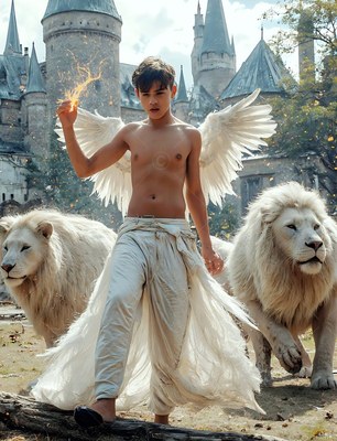 Outside a castle, a winged young man walks with two white lions