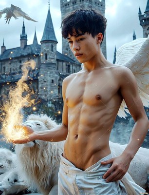 Holding fire in his hand, a winged shirtless young man stands before a castle and a white lion