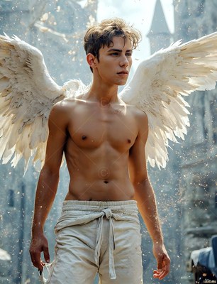 A shirtless man with white feathered wings looks away under bright dusty sunlight
