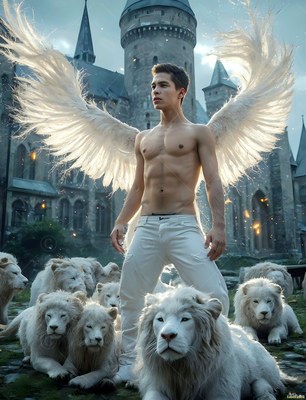 Standing outside a stone castle, a winged man poses surrounded by white lions