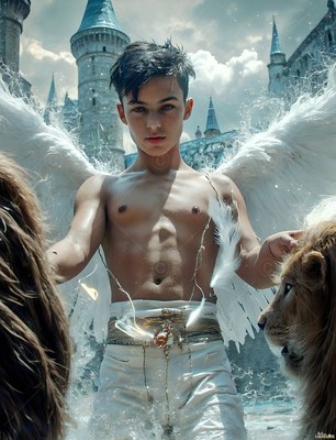 A shirtless young man with white wings stands between two lions by a castle