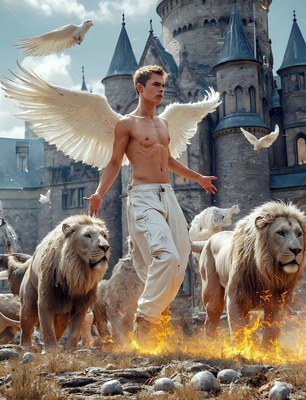 Walking through fire, a winged shirtless man steps forward beside two lions by a castle