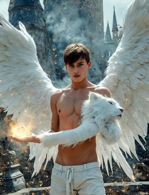 A shirtless winged man holds a white fur lion puppet near a castle