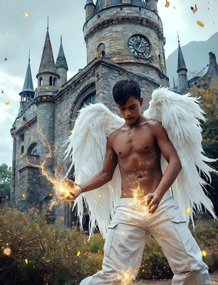 Casting yellow sparks, a shirtless winged man stands before a stone castle tower