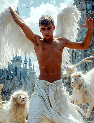 Winged young man in white wraps standing near white lions by a castle
