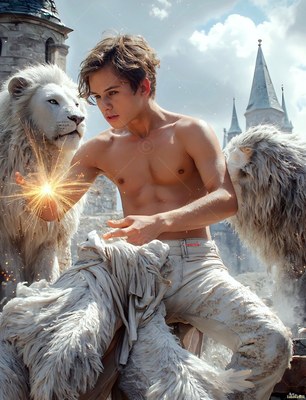A bare-chested young man crouches on a castle roof between two white lions with bright sparks in his hand