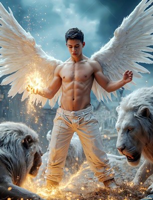 Standing in a rocky courtyard, a winged young man sparks light between two white lions