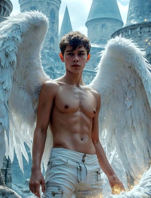 A shirtless young man with large white wings stands before a stone castle