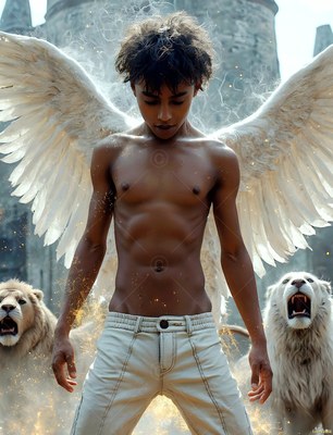 In front of a castle, a winged shirtless young man stands between two roaring lions