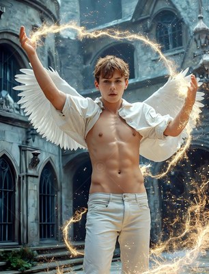 A winged young man raises his arms as a ring of sparkling gold sparks encircles him