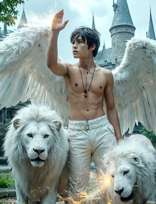 A winged young man in white pants stands with two white lions outside a stone castle