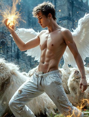 Outside a stone castle, a winged shirtless man holds yellow sparks beside white lions