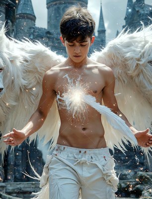 Standing shirtless with white wings, a young man looks down in front of a stone castle