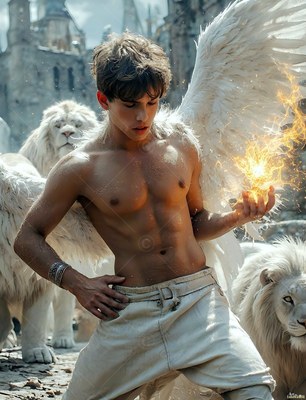 A winged shirtless man holds yellow fire while standing with two white lions