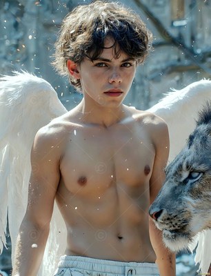 Dark wavy hair frames a shirtless young winged man beside a white lion before stone castle ruins