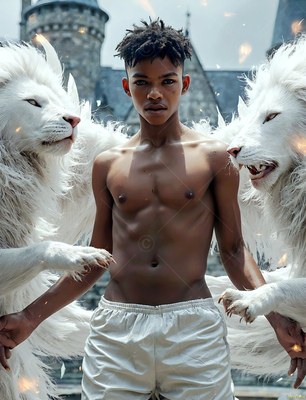 Standing shirtless in front of a stone castle, a young man poses between two white lions
