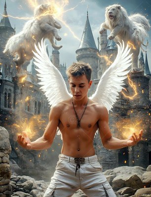 A shirtless man with white wings summons leaping lions at a stone castle