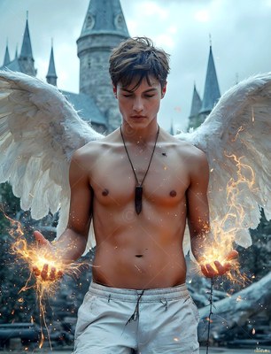Holding sparks in his palms, a shirtless winged man stands before a castle