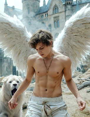 Winged man standing shirtless by a white lion near a castle