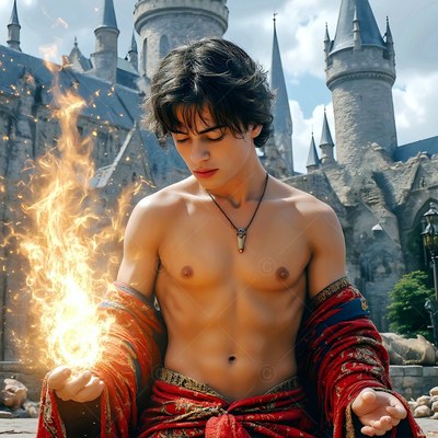 A bare-chested man in a red robe holds fire outside a castle