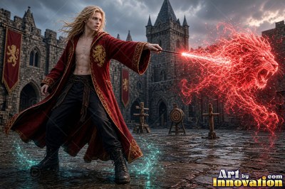A loose bright red robe on a young blond man casting a red lion shape in a stone castle yard