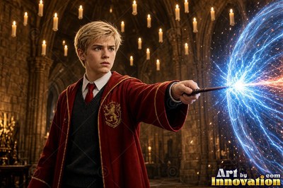 A young blond man points a wooden wand forward, casting a sphere of bright blue lightning sparks