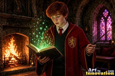 Standing in a stone room, a young man holds an open book lit by green light