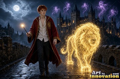 A young man in a scarlet robe walks beside a bright lion outside a castle at night