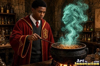 In a stone workshop, a young man stirs a cauldron as green smoke forms a lion