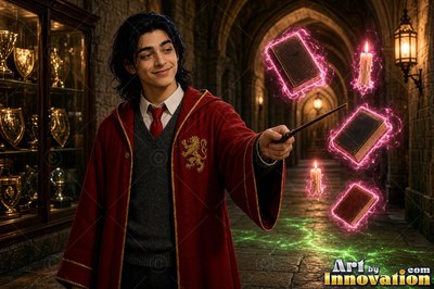 Casting a spell in a stone hall, a smiling young man in red robes floats books with his wand