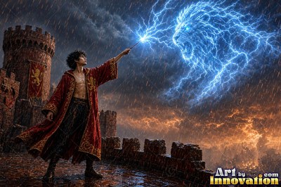 A man in a red cloak casts a blue lightning lion on a castle roof