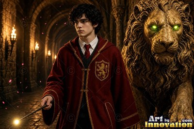 Wearing a dark red robe, a young man walks through a stone hall beside a large stone lion