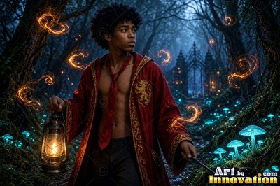 A young man clutches a lantern in a dark woods lit by blue mushrooms