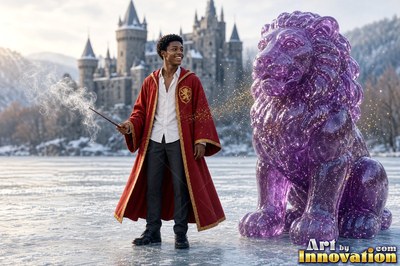 Standing on frozen water, a man in a bright red robe casts a spell near a purple lion