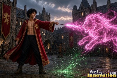 A smiling young man in a red cloak uses a wand to cast a bright pink lion shape