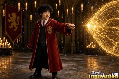 In a candlelit stone hall, a young man in red robes points a wand of gold sparks