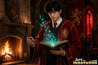 Holding a wand, a young man in red robes casts light from an open spellbook by a fireplace
