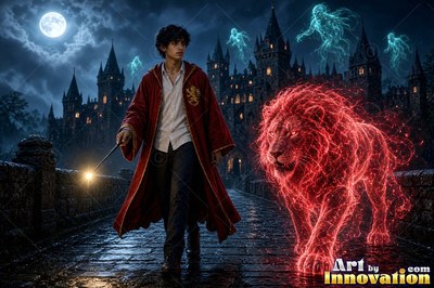 A young man in a red robe walks with a red lion by a castle
