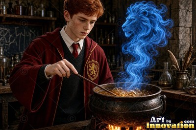 A young man in a deep red robe stirs a cauldron in a stone classroom as blue smoke forms a lion