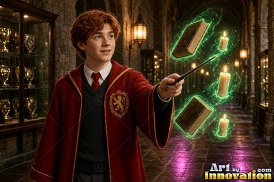 A young man points a wand to float books and candles ringed in green light