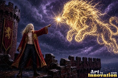 Standing on a castle tower, a blond man in red robes points a wand at a lightning lion