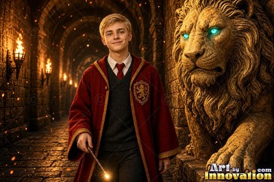 A young blond man in a red cloak holds a wand beside a stone lion in a hallway