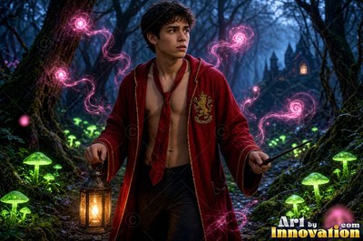 In a dark forest, a shirtless young man in a red cloak holds a lantern and wand