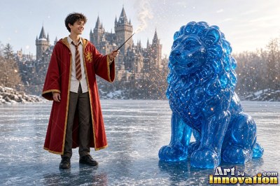 Holding a wand, a young man in a red cloak charms a blue ice lion on a frozen lake