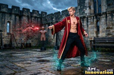 Wearing a parted deep red robe, a blond shirtless man aims his wand in a stone castle courtyard