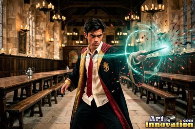 A young man points a wand in a dining hall, casting bright teal rings of light