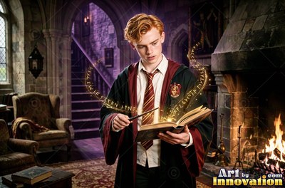 Standing in a stone hall, a young man points a wand at an open book